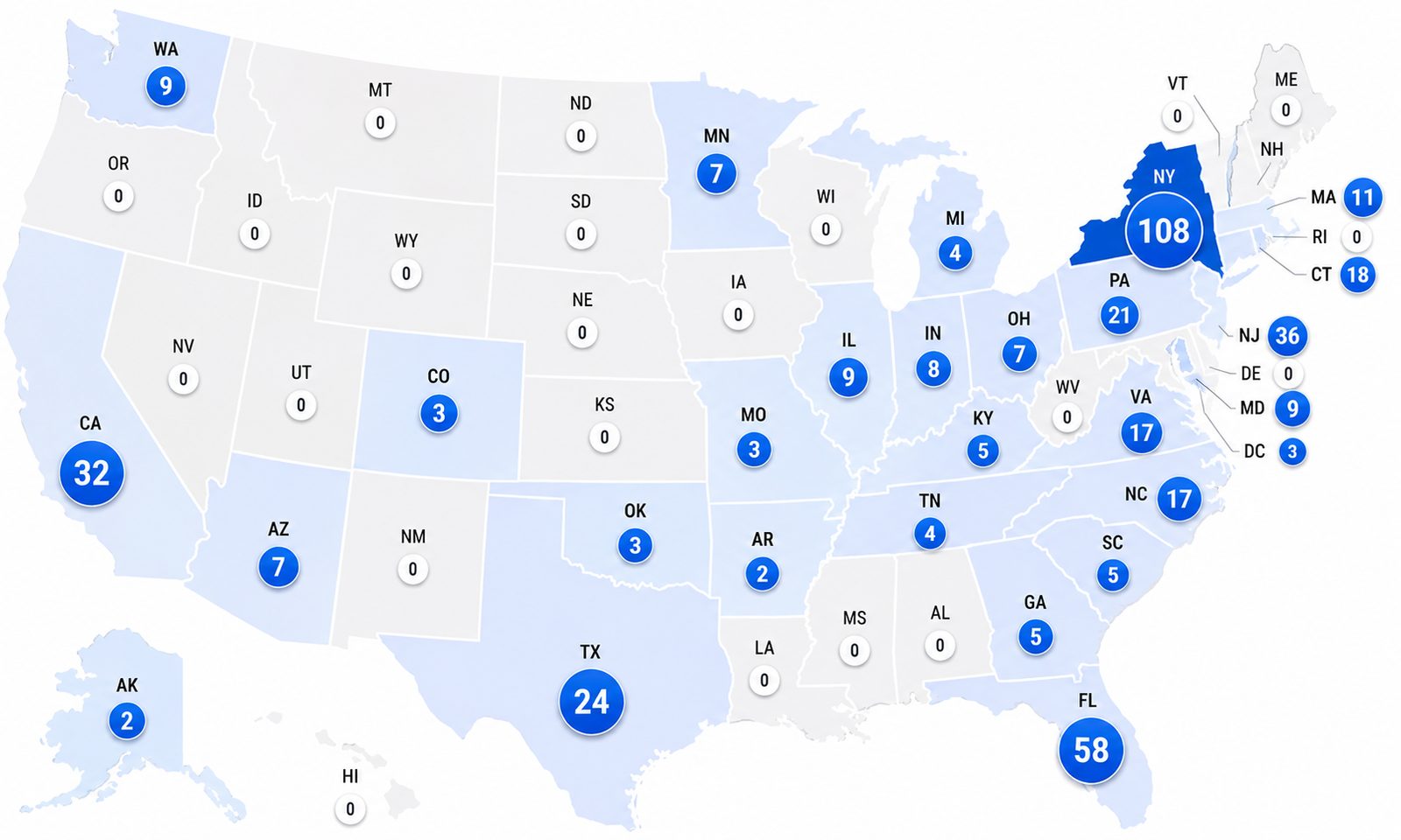 Map of the United States showing the number of organizations CSE manages in each state