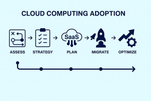 Cloud computing adoption process showing assessment, strategy development, planning, migration, and optimization stages.
