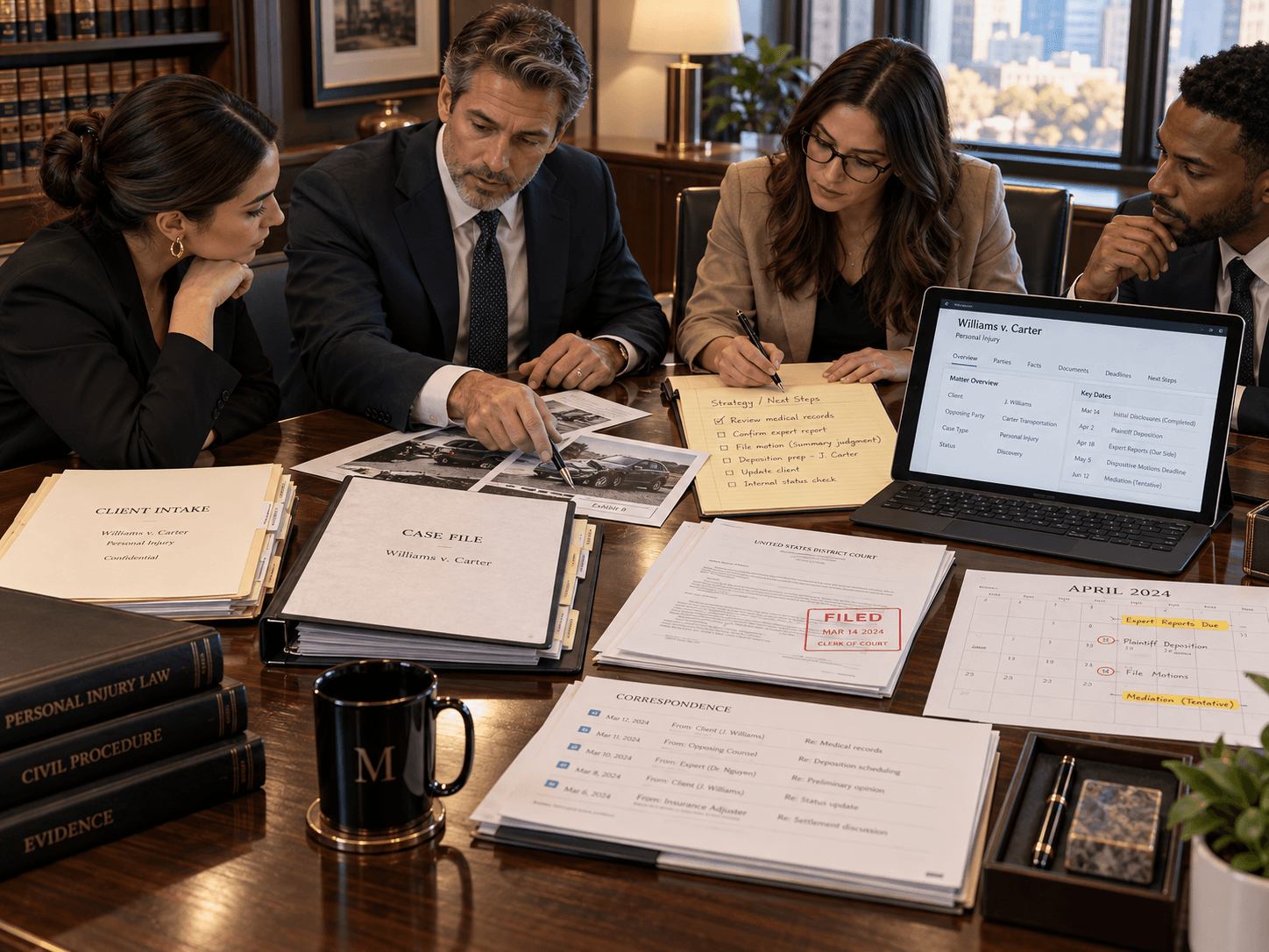 A business team reviewing a workflow together while remote colleagues join